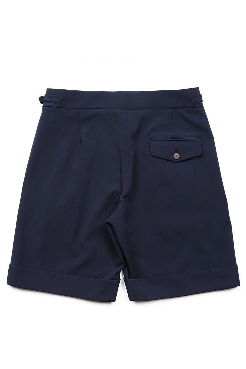 Navy blue shorts with a pocket on a white background